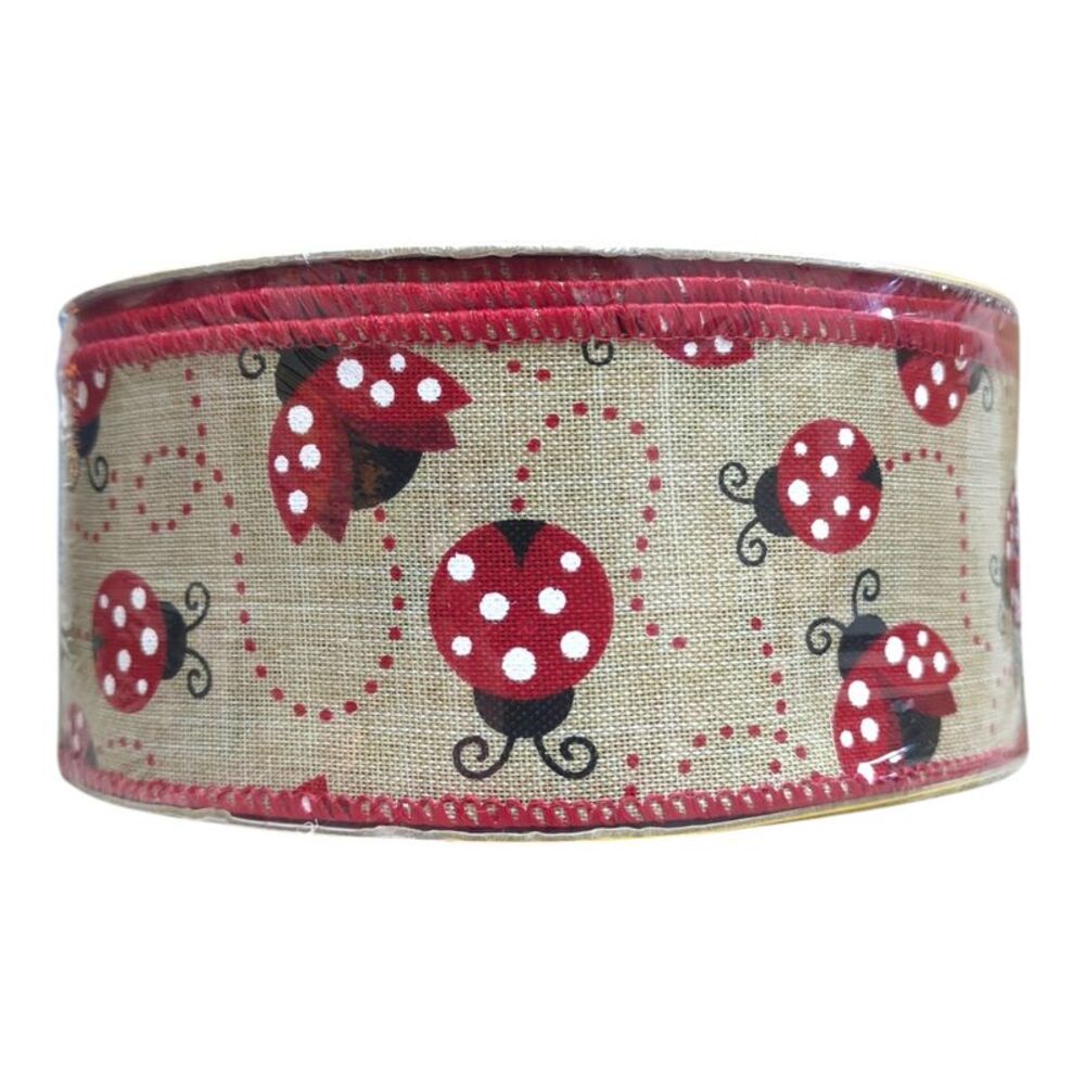 Member's Mark Premium Wired Edge Spring Ribbon, 2.5in x50Yds - Lady Bugs